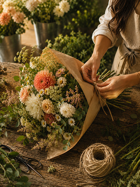Person wrapping a bouquet of flowers with brown paper on a wooden table.